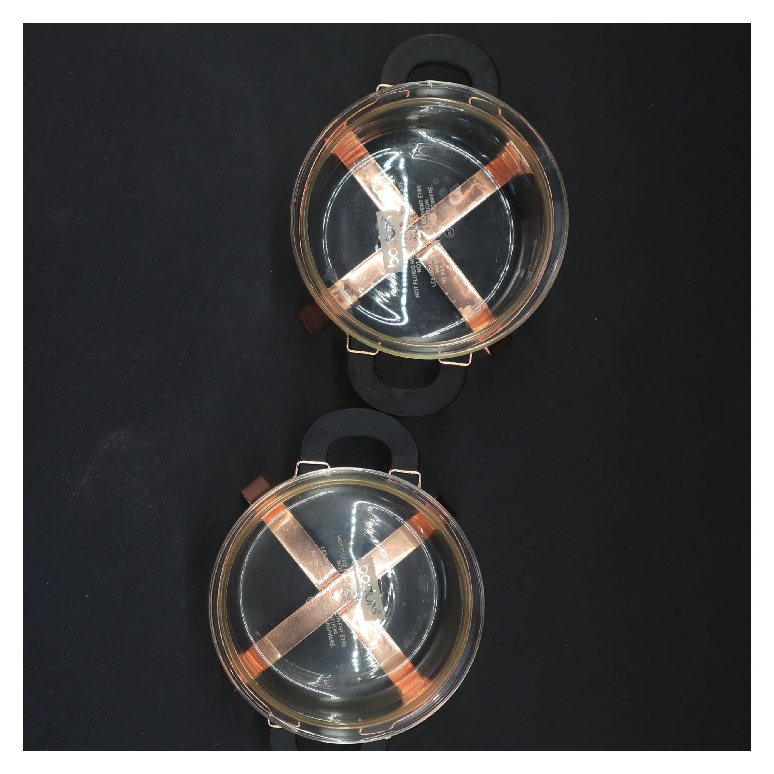 glaskasseroller med kobberstativer (str. Ø 10x7 cm)