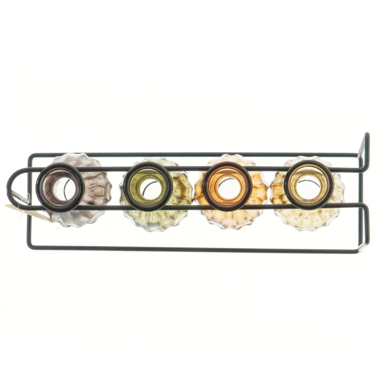 Sæt med farvede glasvaser i metalstativ fra Det Gamle Apotek (str. 27,5x8x13 cm)