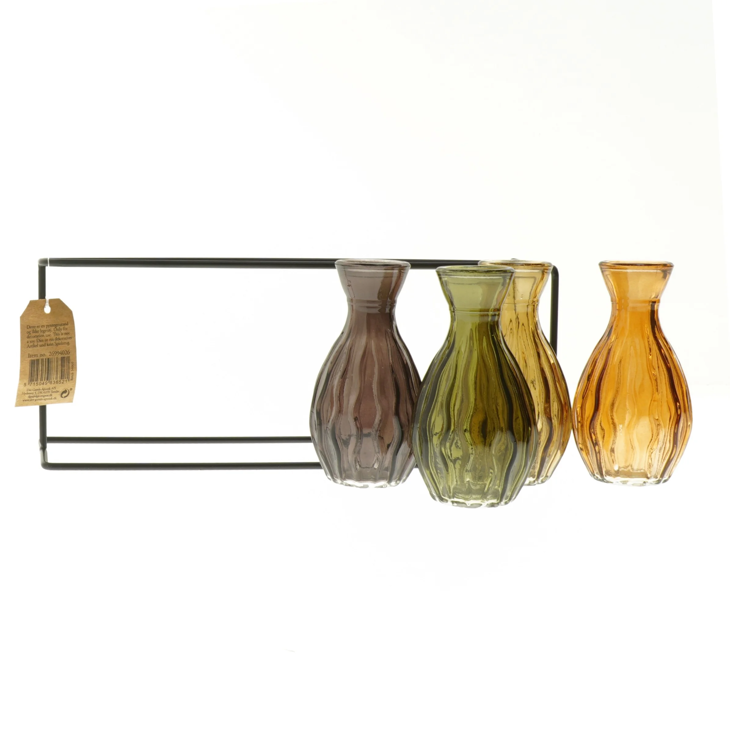 Sæt med farvede glasvaser i stativ fra Det Gamle Apotek (str. 11x27x8 cm)