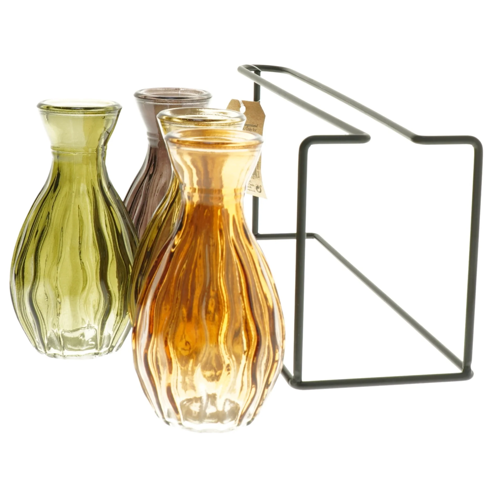 Sæt med farvede glasvaser i stativ fra Det Gamle Apotek (str. 11x27x8 cm)