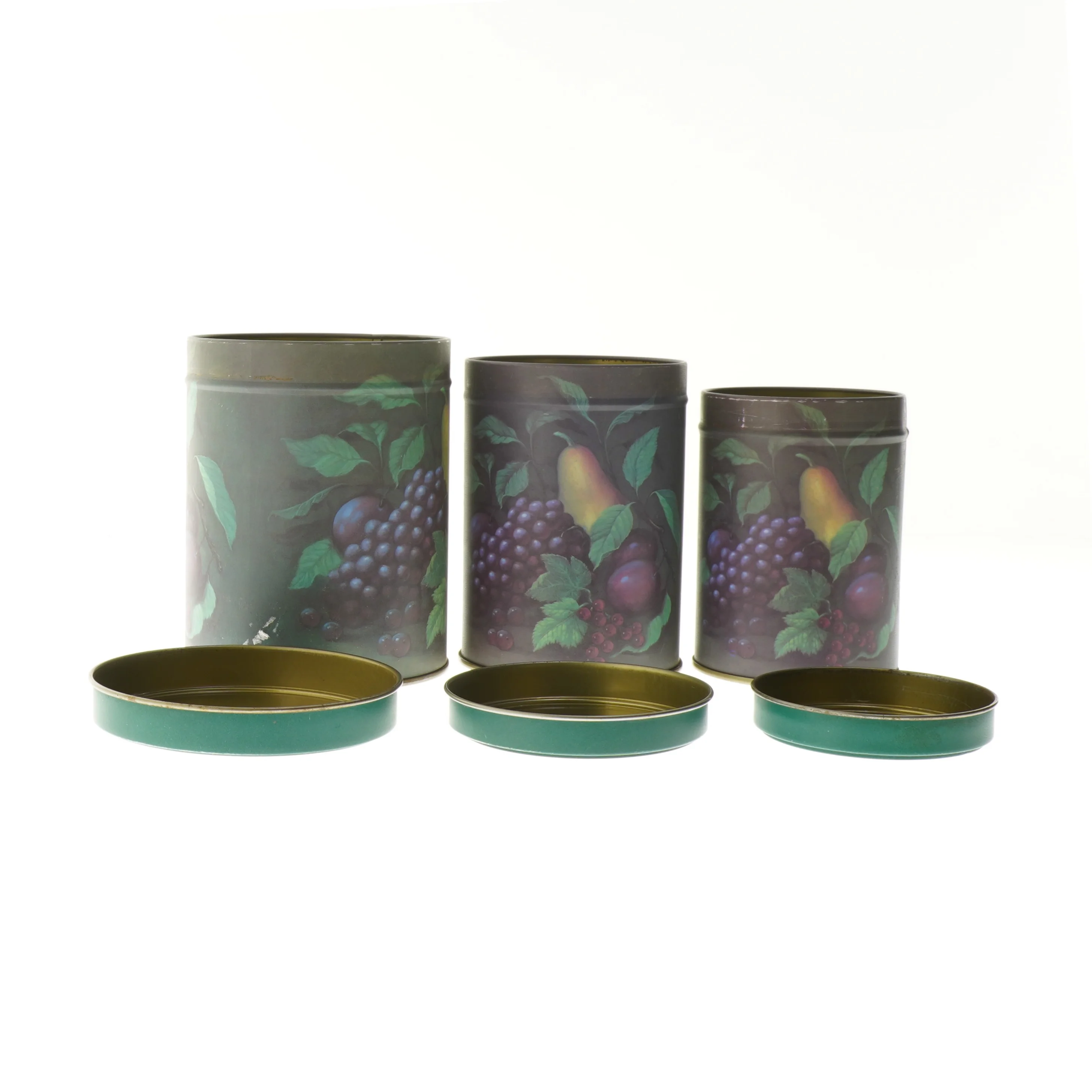 Runde opbevaringsdåser med frugtprint (str. 11,5 cm og 13 cm og 13,7 cm)