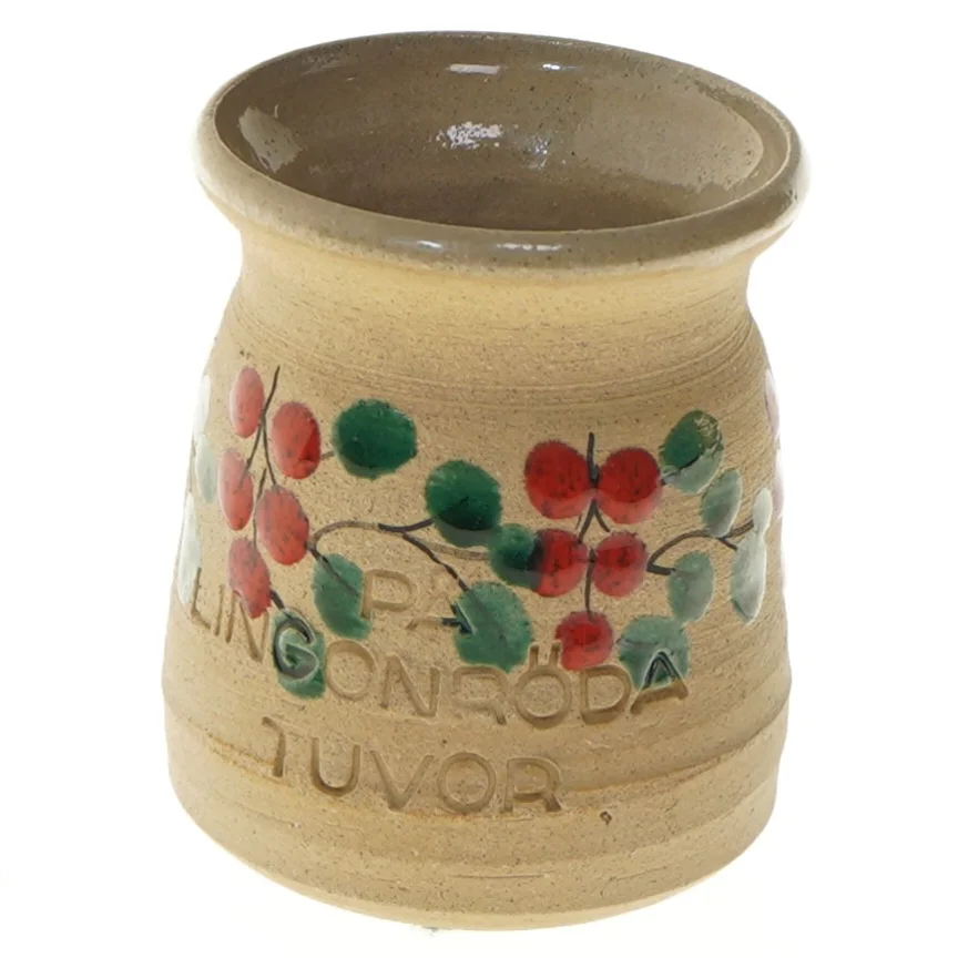 Dekorativ krukke med bærmotiv (str. Ø 8 cm længde 9,5 cm)