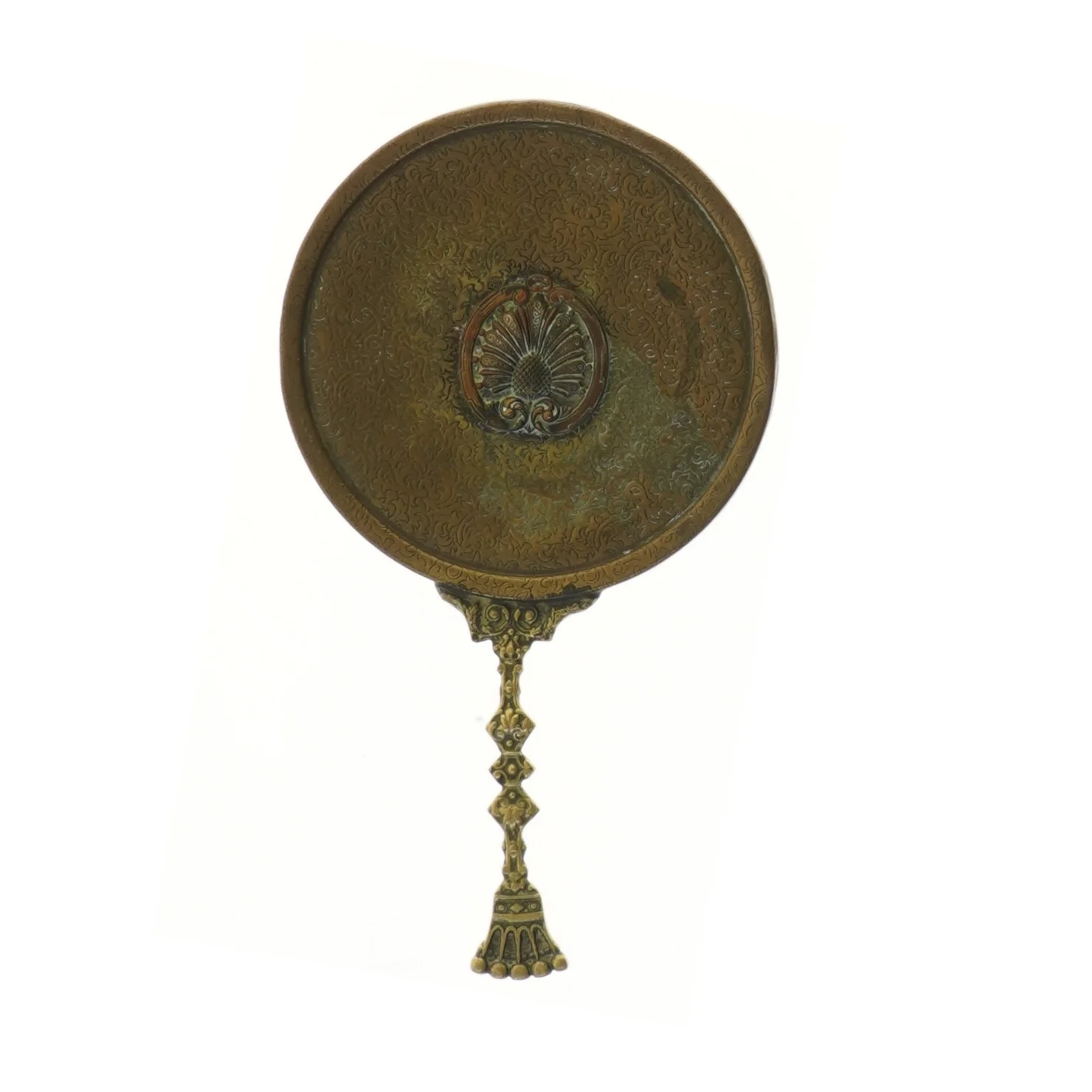 Vintage håndspejl med dekorativt skaft (str. Ø 14 cm)