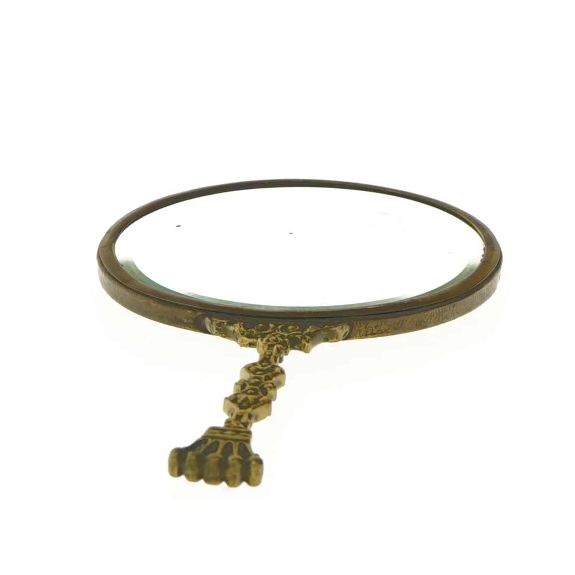 Vintage håndspejl med dekorativt skaft (str. Ø 14 cm)