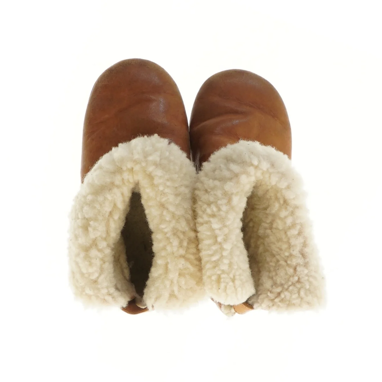 Brune babysko i skind med uldfor (str. længde 17 cm)