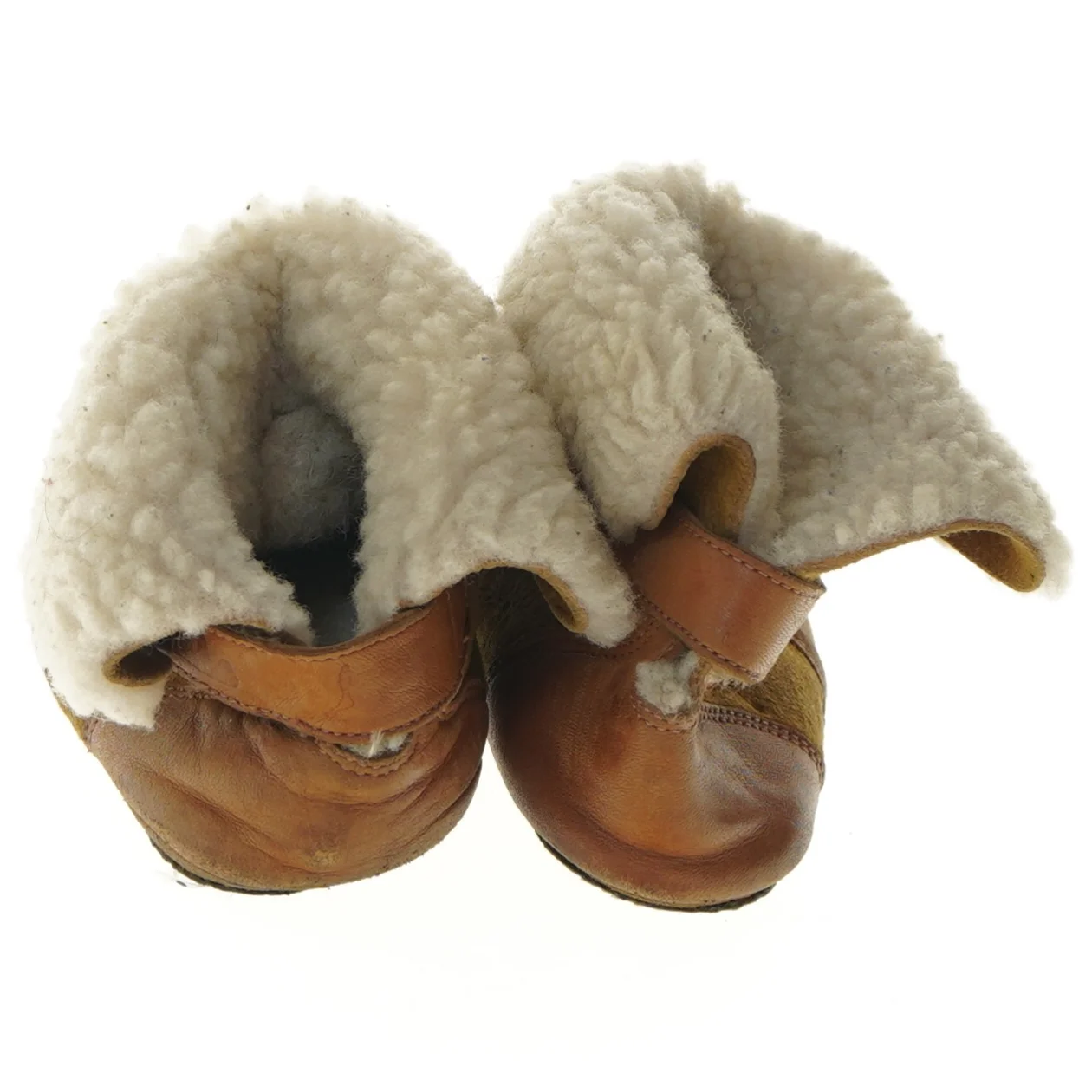 Brune babysko i skind med uldfor (str. længde 17 cm)