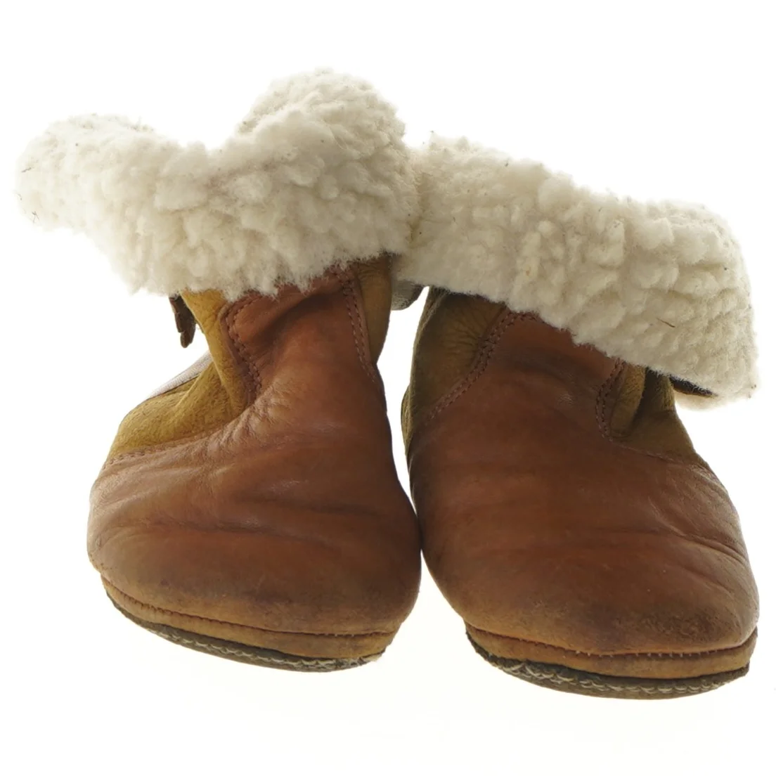 Brune babysko i skind med uldfor (str. længde 17 cm)