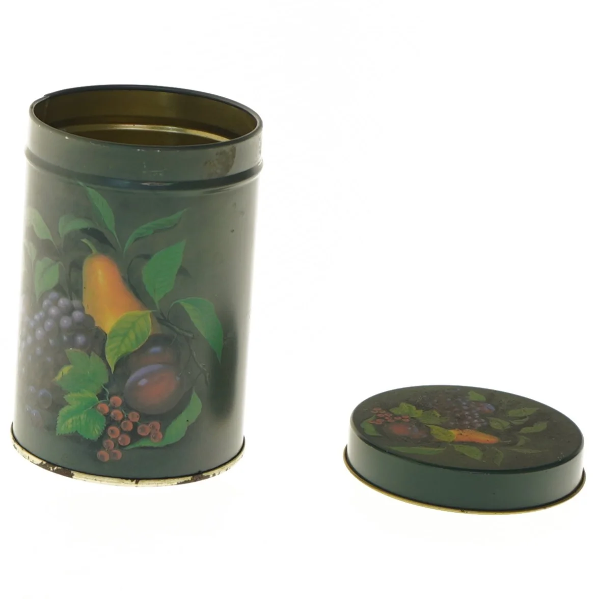 Dekorativ metalbeholder med frugtmotiv (str. Ø 8,5x12 cm)