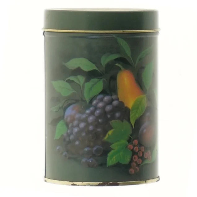 Dekorativ metalbeholder med frugtmotiv (str. Ø 8,5x12 cm)