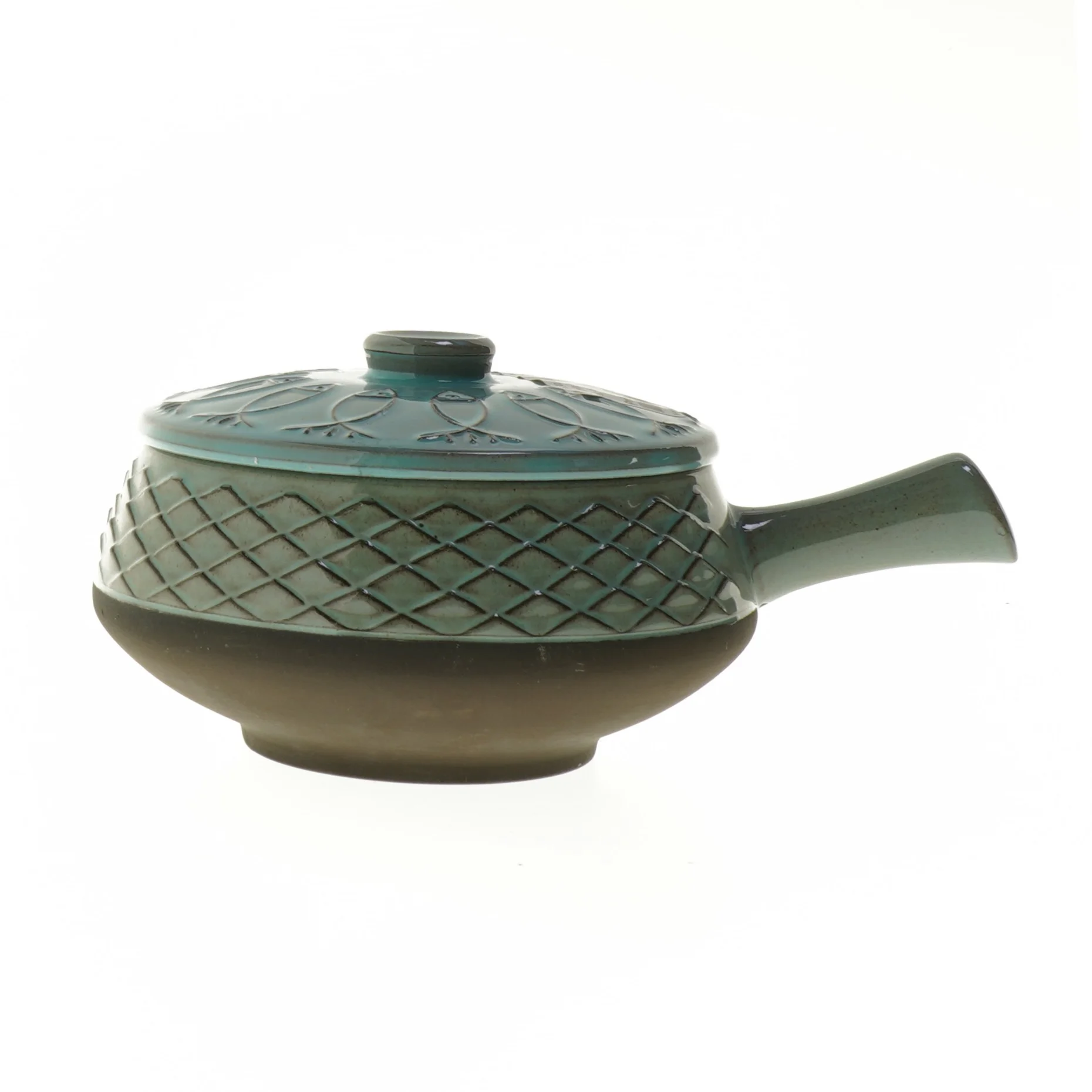 Keramisk skål med låg og håndtag (str. Ø 16 cm)