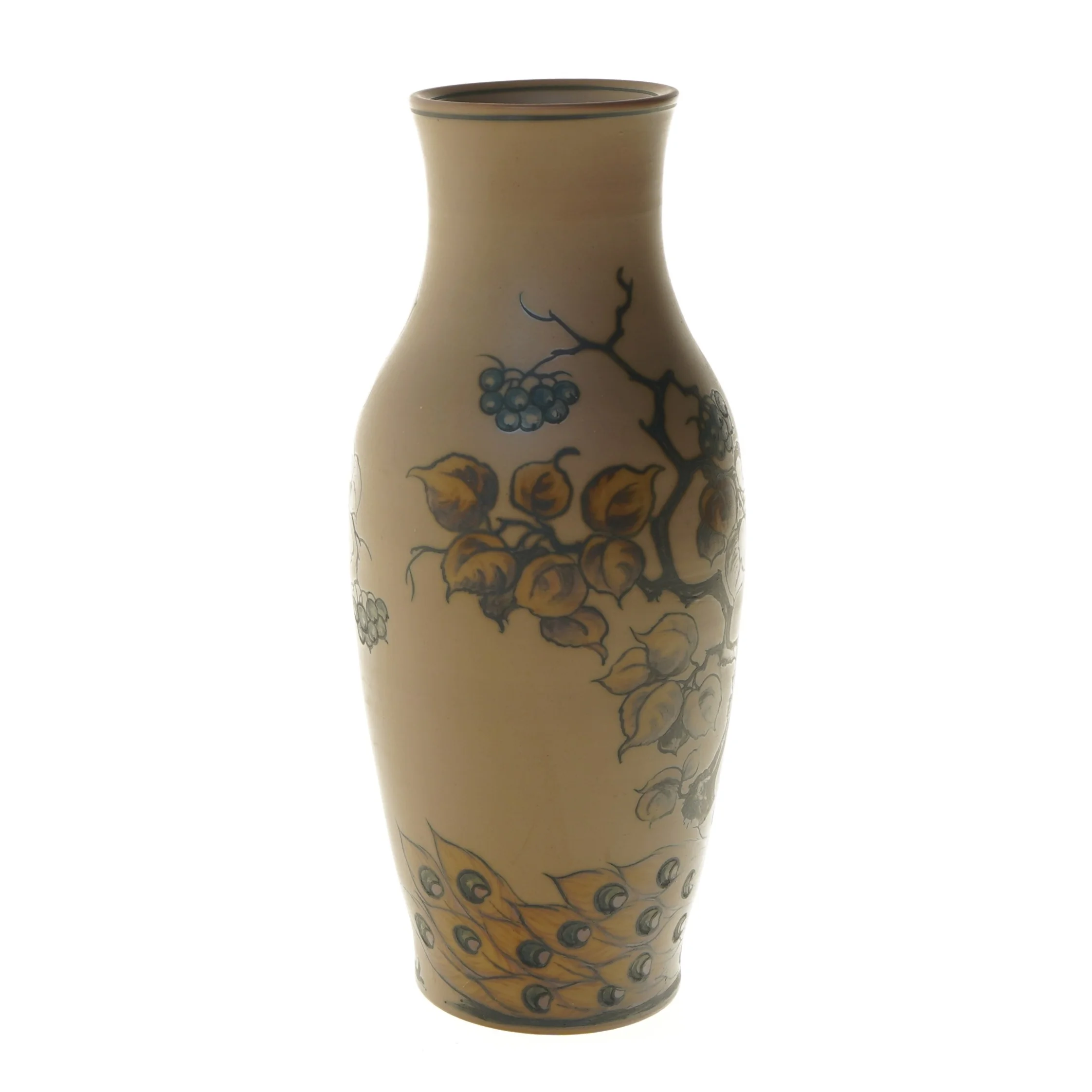 Vase med påfuglemotiv fra Hjort Keramik(str. Ø 8 cm længde 28 cm)