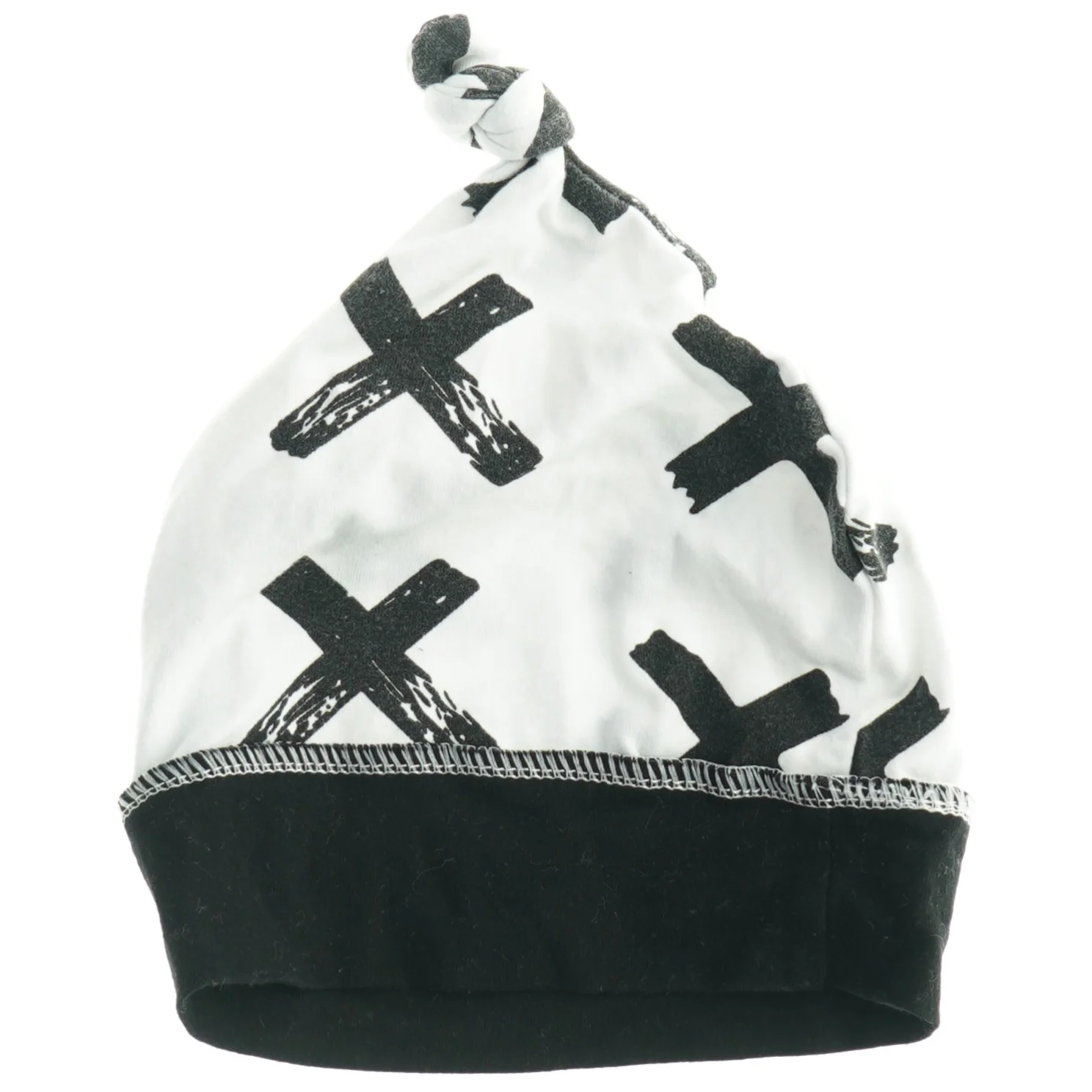 Hvid og sort hue med kryds-mønster (str. L. 19. cm. b 17 cm)