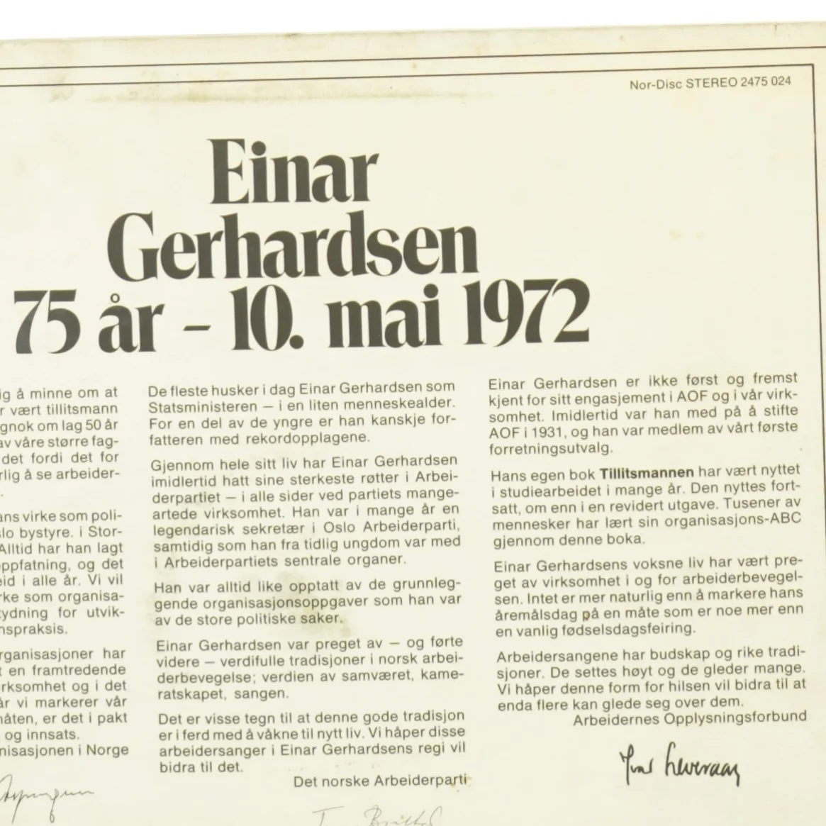 Einar Gerhardsen Vinylplade fra Nor-Disc