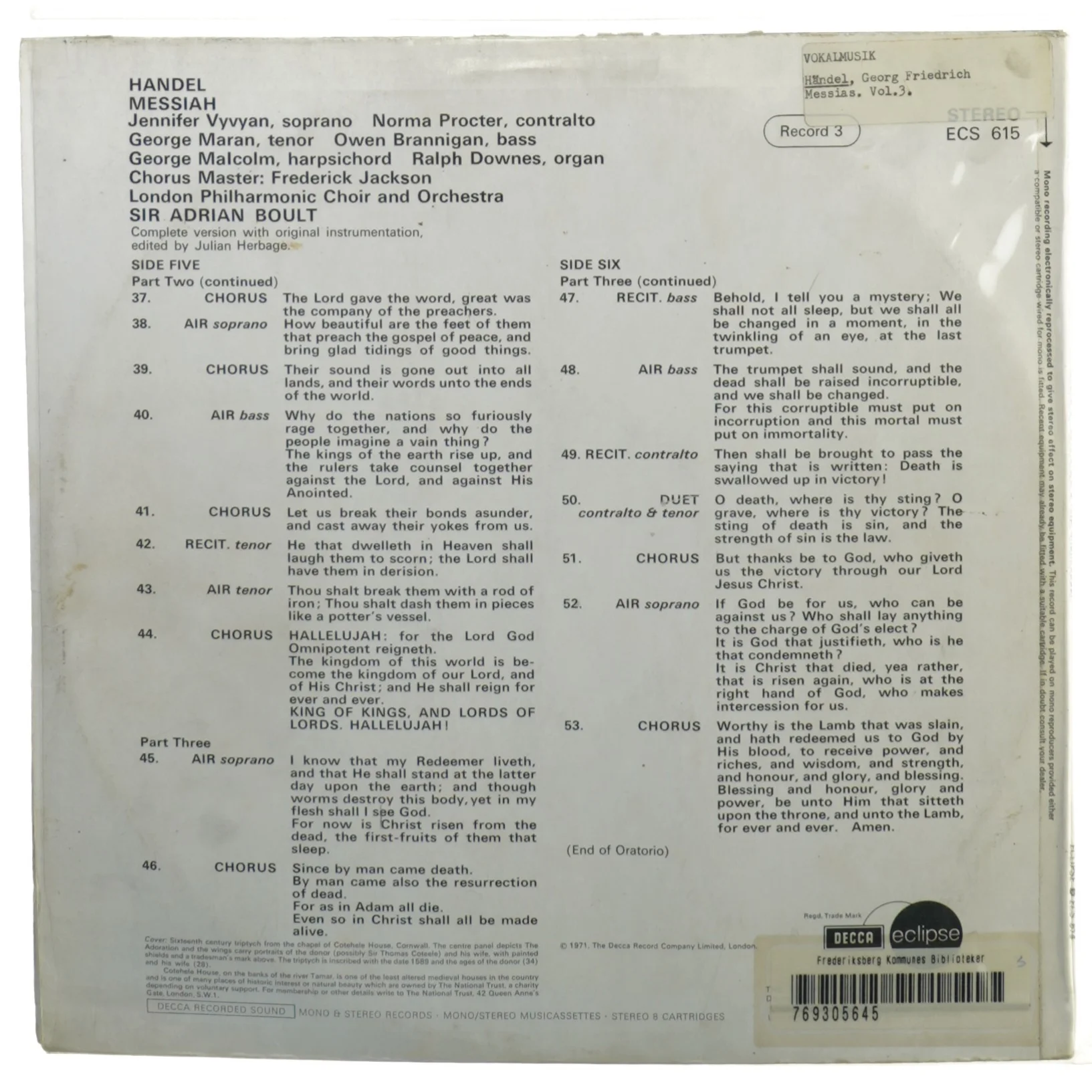 Händel Messiah Vinylplade fra DECCA