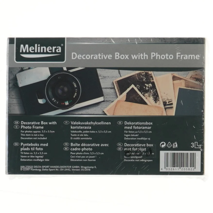 Dekorativ boks med fotoramme fra Melinera (str. 17x11,5x5 cm)