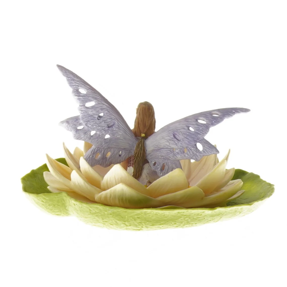 Dekorativ figur med fe på blomst (str. 16 cm)