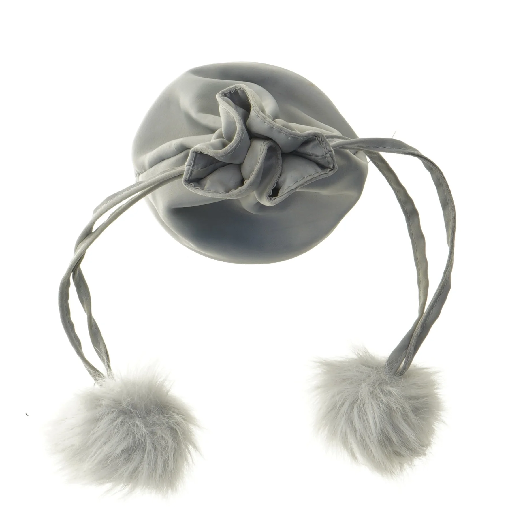 Grå pose med pom-poms (str. Ø 10 cm)