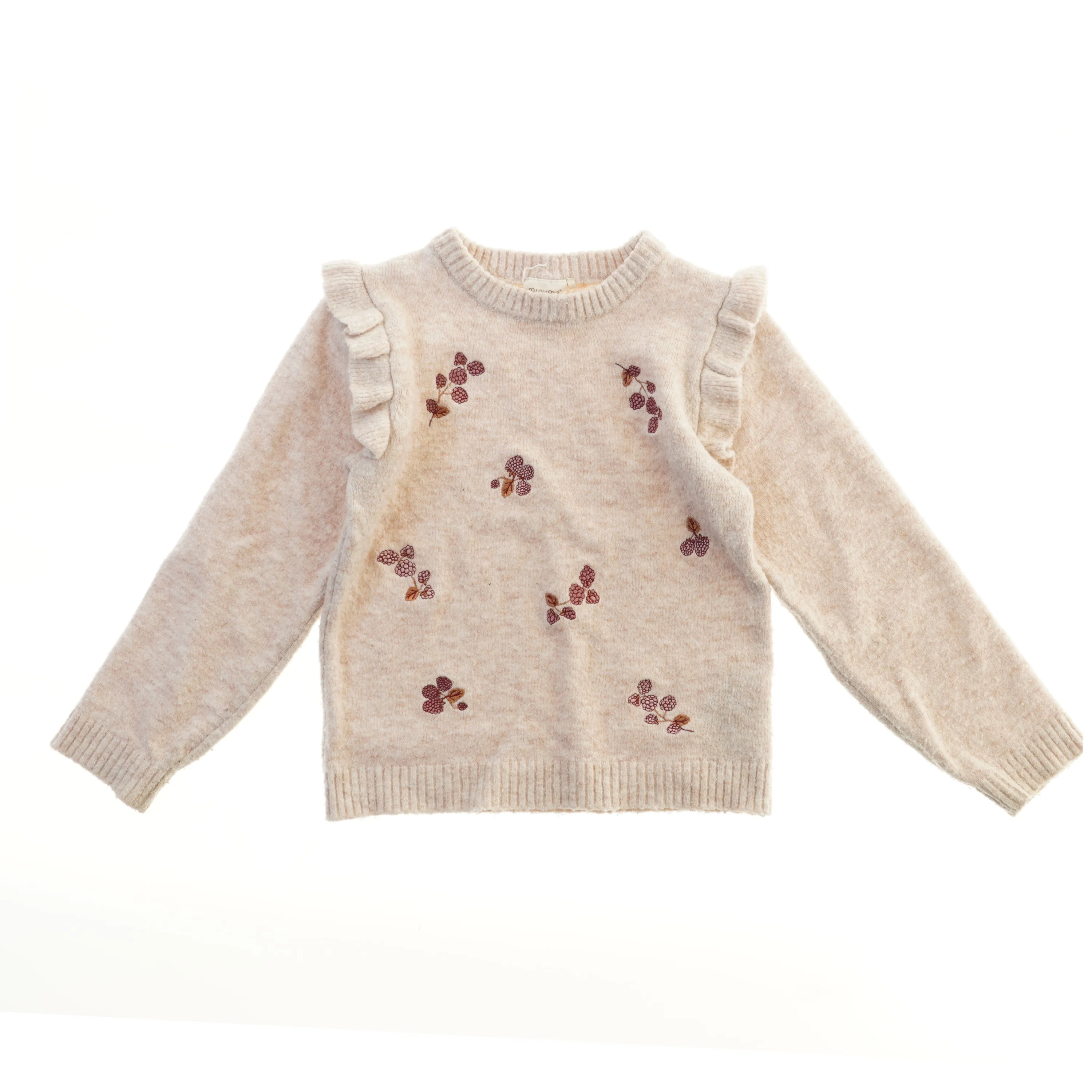 Børnesweater med flæser og blomstermønster fra Minymo (str. 122)