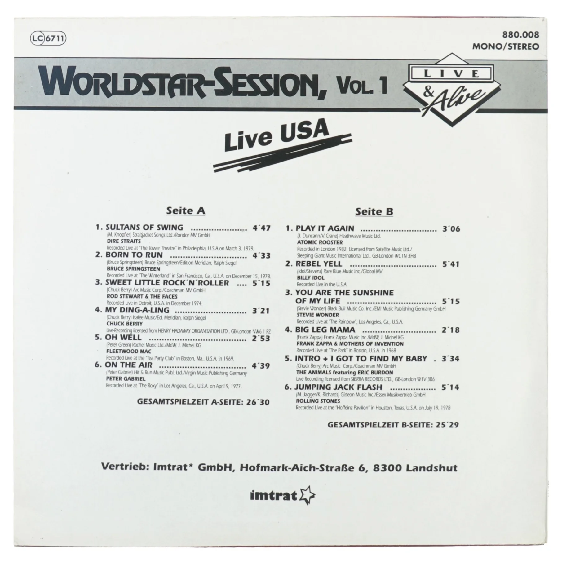 Lp plade worldstar session vol 1 fra Imtrat (str. 31 x 31 cm)