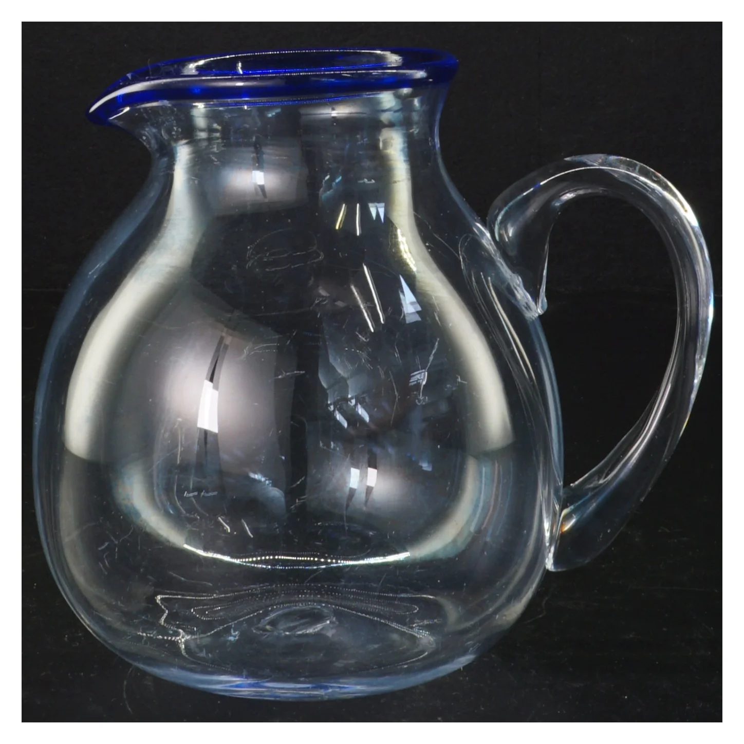 Glaskande og skål med blå kant (str. 14 og 8 cm)