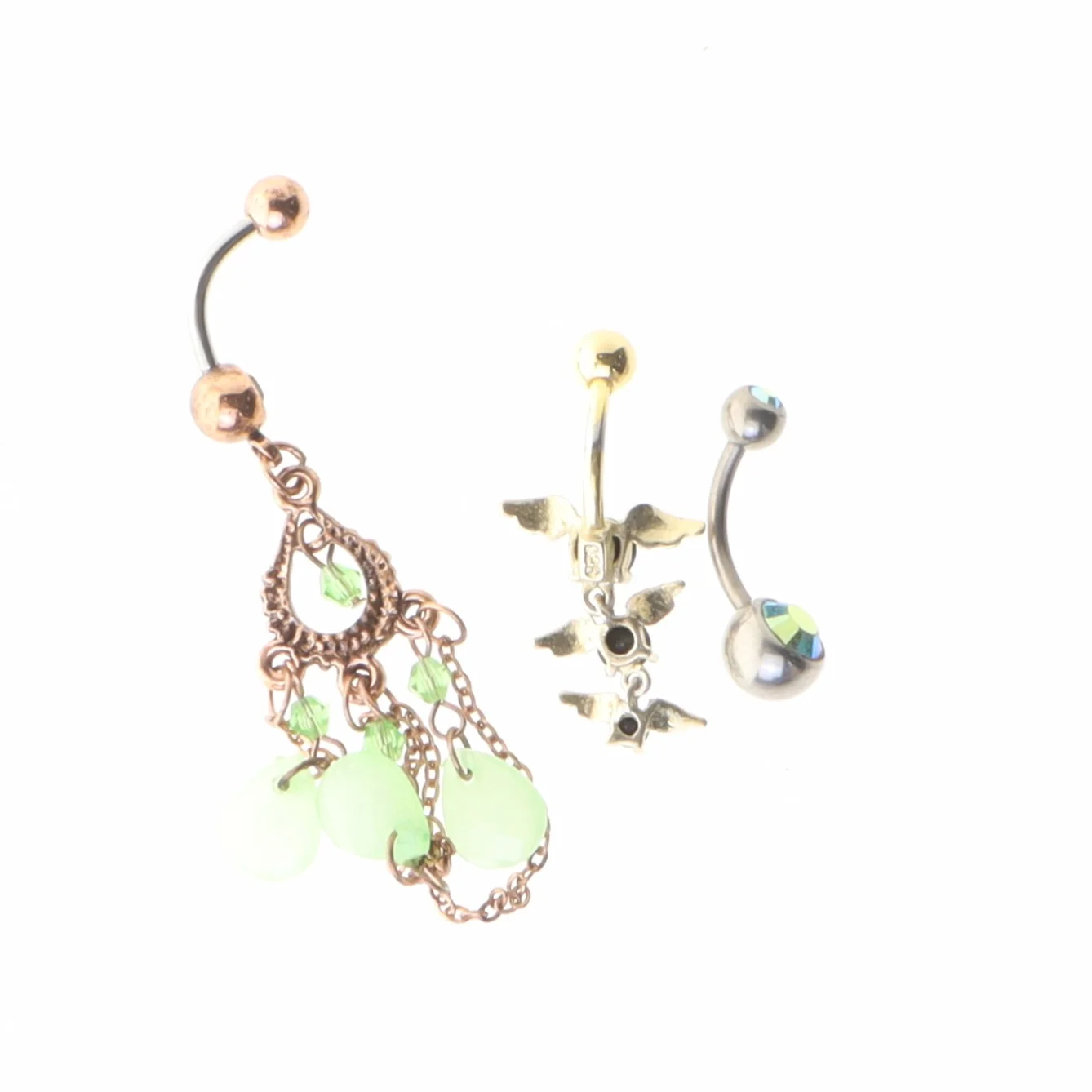 Navlepiercinger med vedhæng (str. 6,5 og 2,5 og 2 cm)