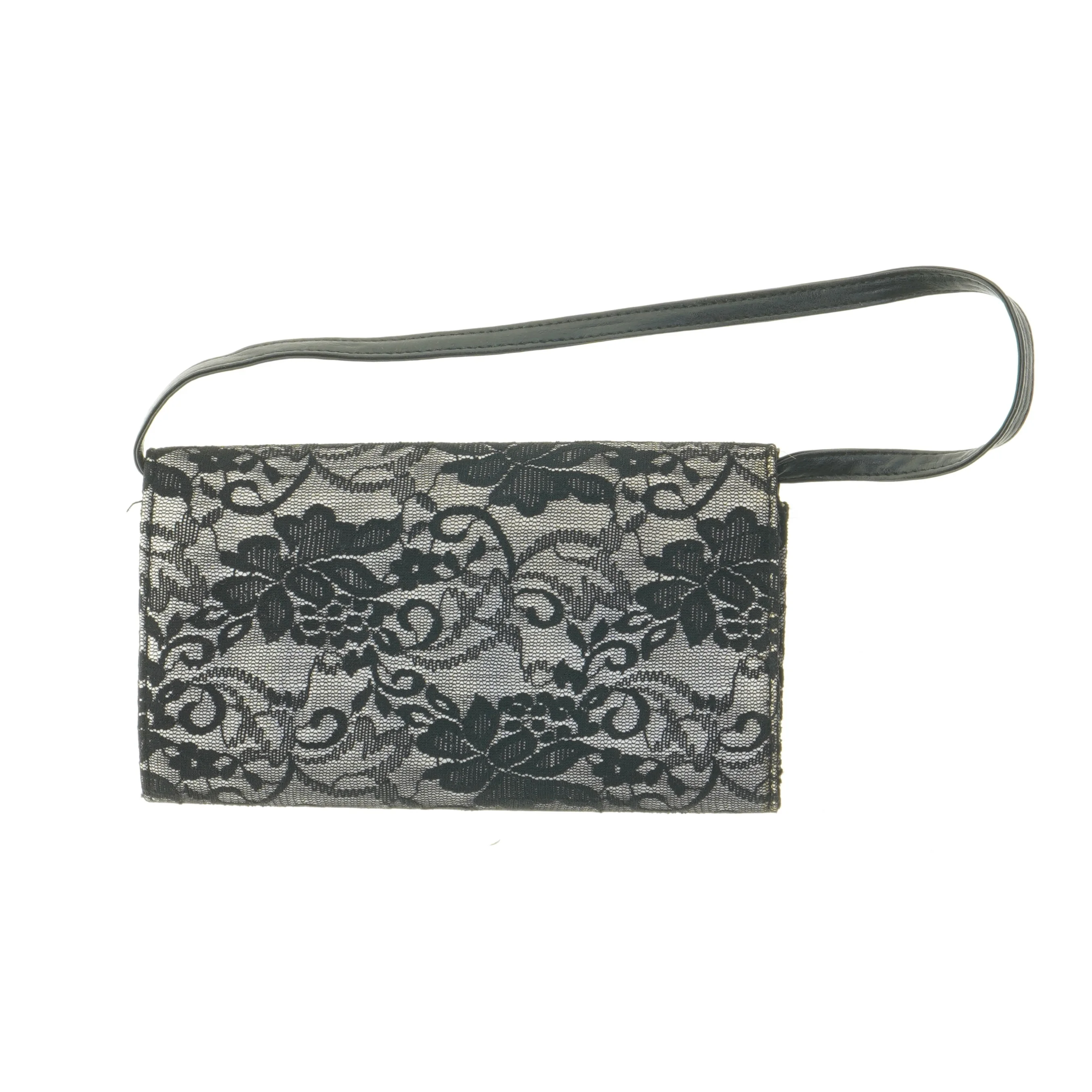 Sort blomstret clutch med håndledsrem (str. 12x21x2 cm)