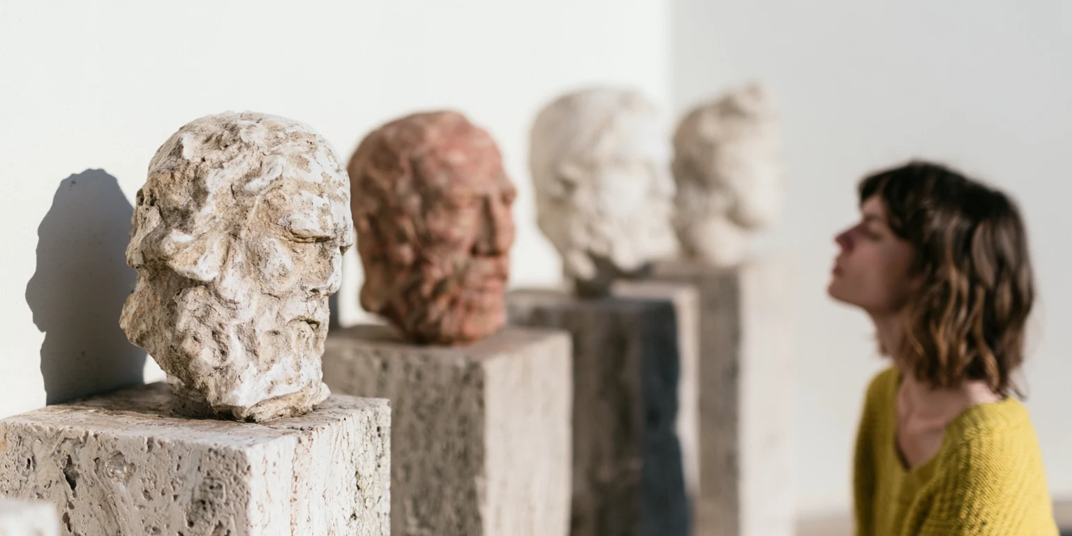 Læsesal med klassiske filosoffer, statuer og åbne bøger