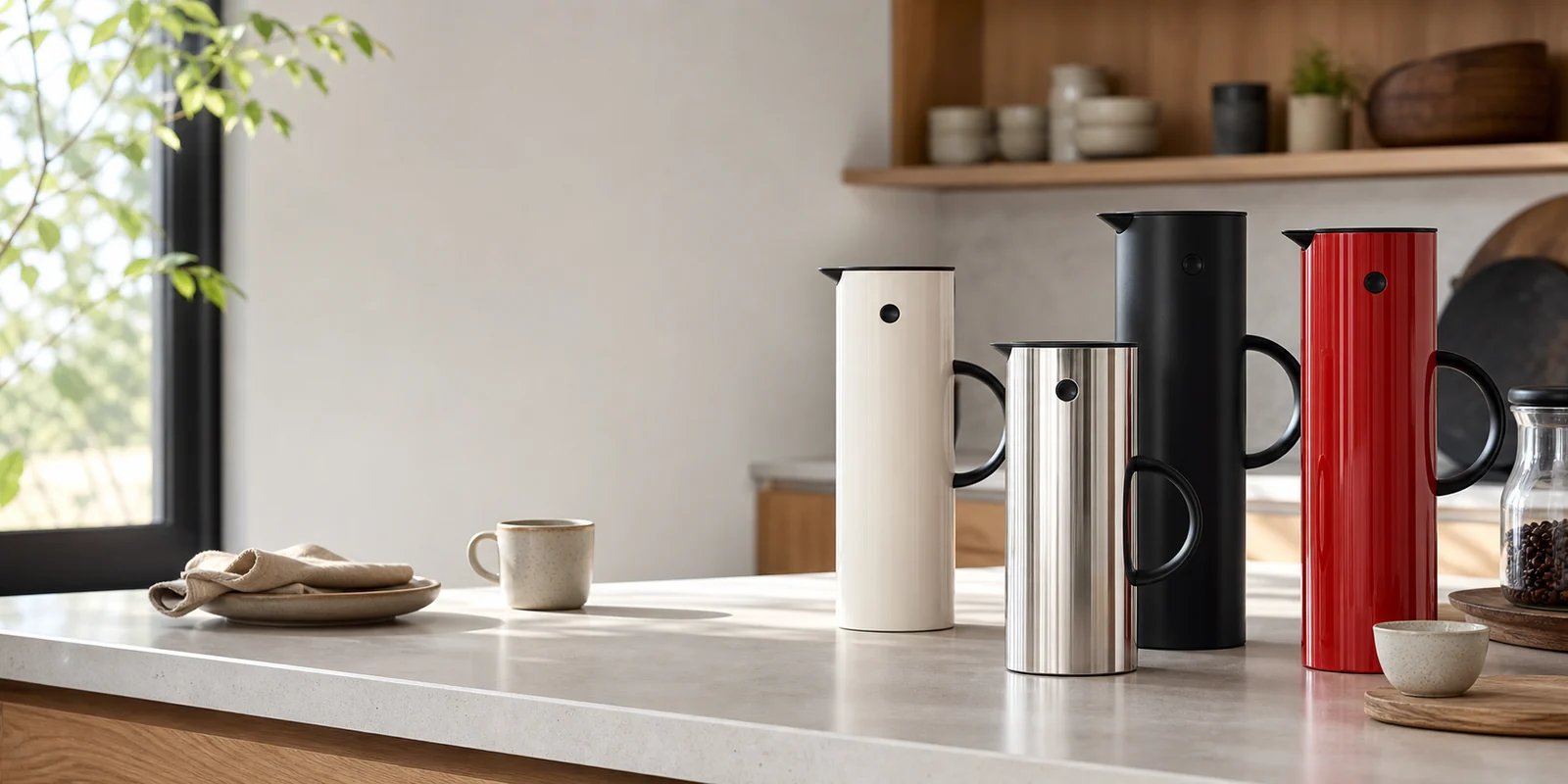 Stelton-inspirerede termokander på et køkkenbord
